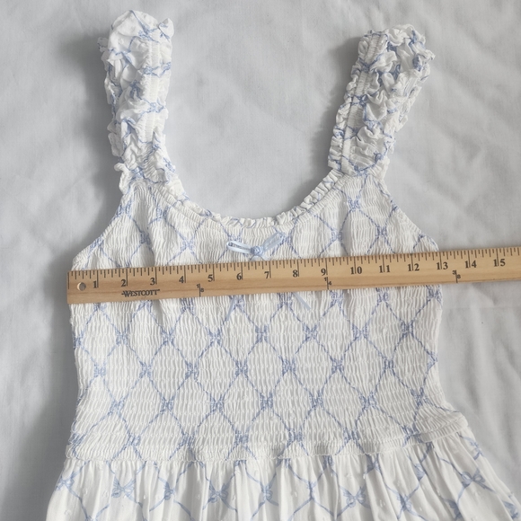 Blu Pepper White Smocked Midi Dress Womens Size M Blue Bow Pattern Coquette Doll - Picture 11 of 13